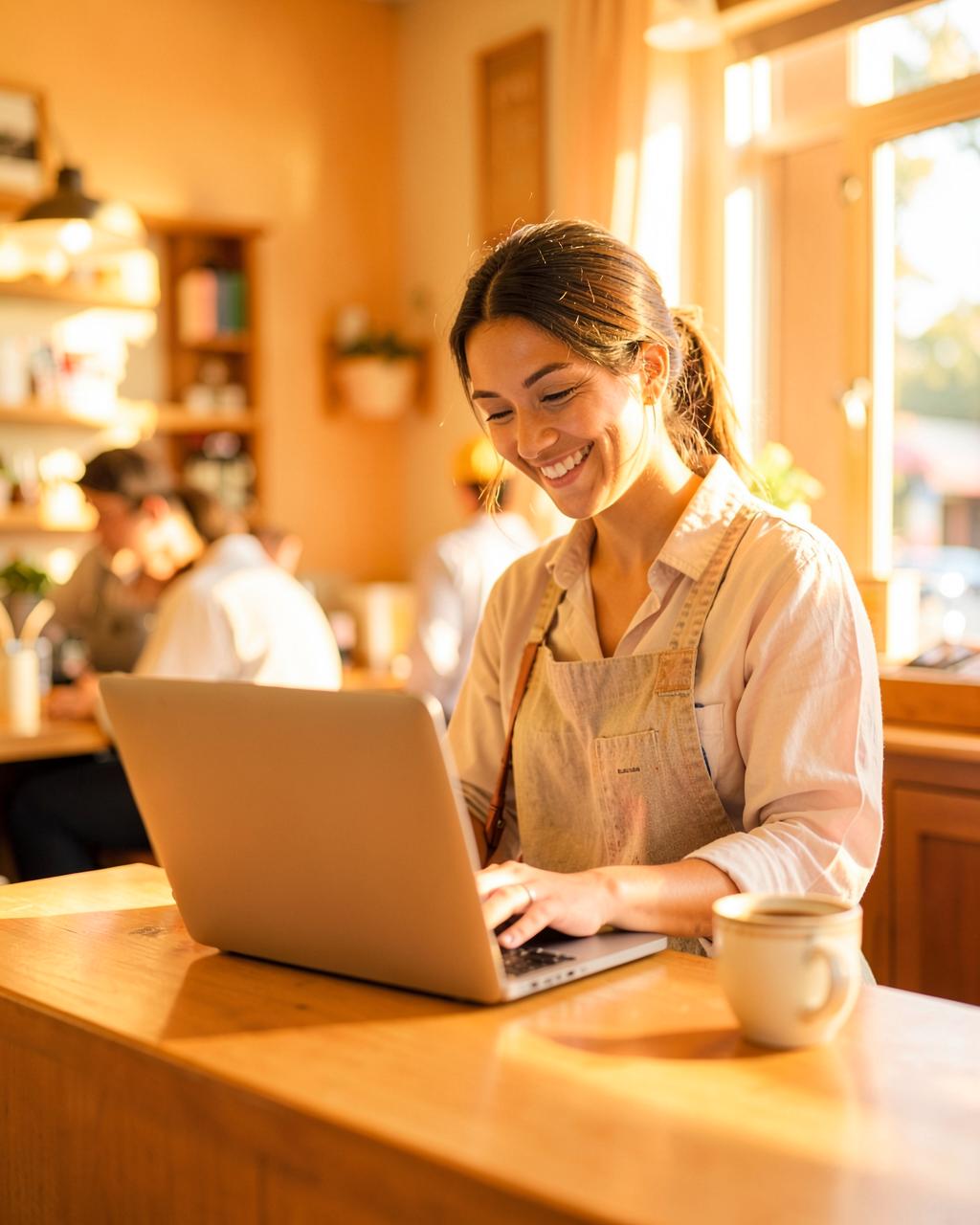 A happy small business owner doing her books at her cafe